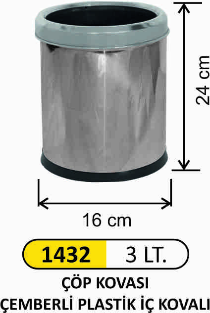 1432 Ofis Tipi Paslanmaz Çöp Kovası 3 Litre Çemberli
