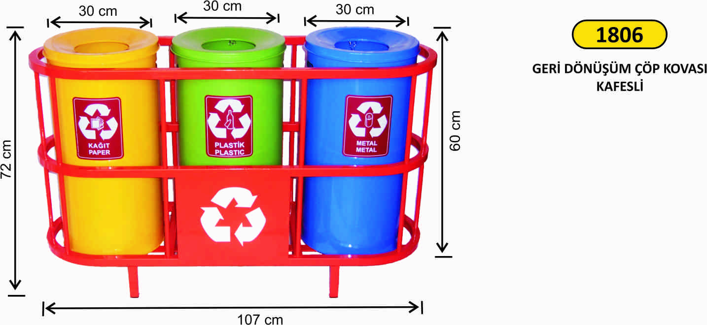 1806 Geri Dönüşüm Kovası 3 Lü Boyalı