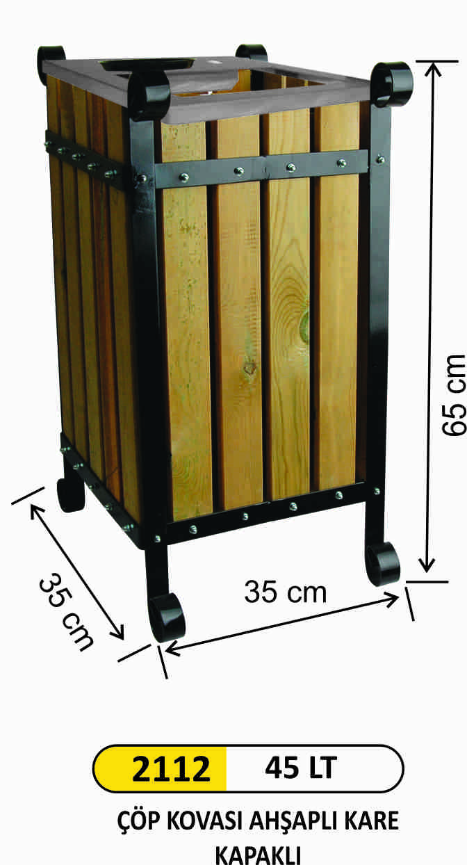 2112 Ahşap Çöp Kovası Paslanmaz Kapaklı