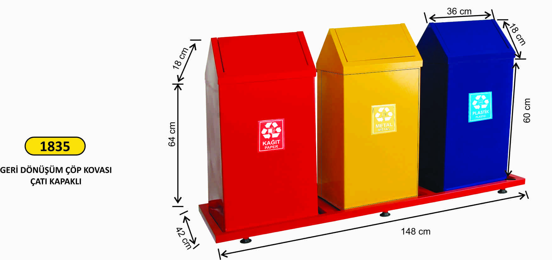 1835 Geri Dönüşüm Kovası Çatı Kapaklı 3 Lü Boyalı