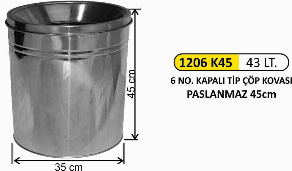 1206K45 Kapalı Tip Çöp Kovası Paslanmaz 43 Litre