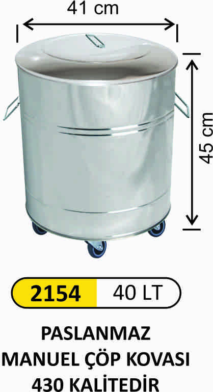 2154 Kapaklı Çöp Kovası Paslanmaz 40 Litre