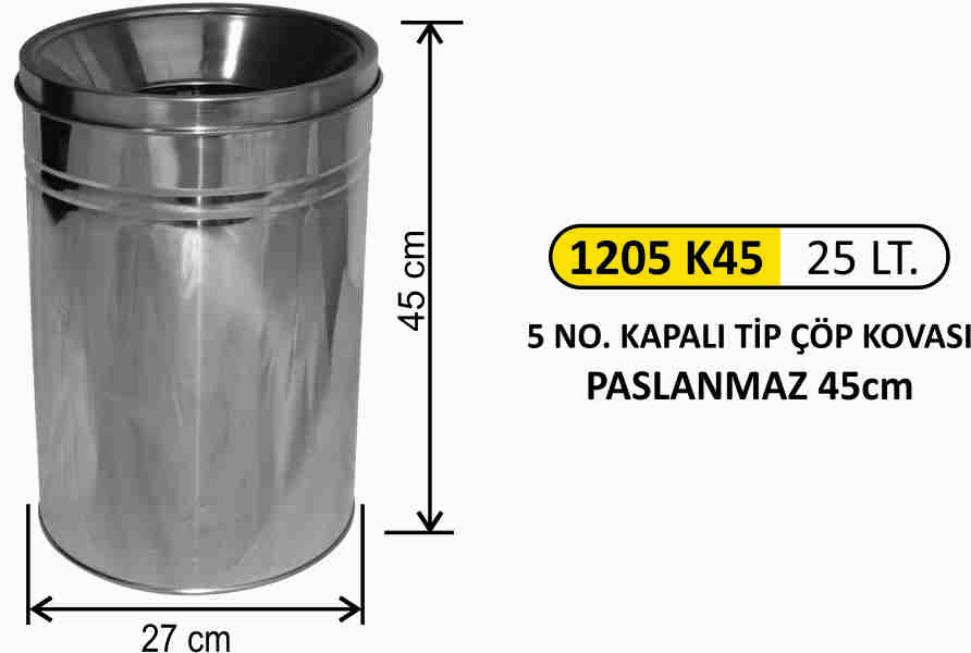 1205 K45 25 Lt Kapalı Tip Çöp Kovası 45Cm 25 Lt