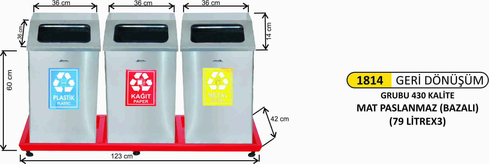 1814 Geri Dönüşüm Kovası 3’Lü Paslanmaz