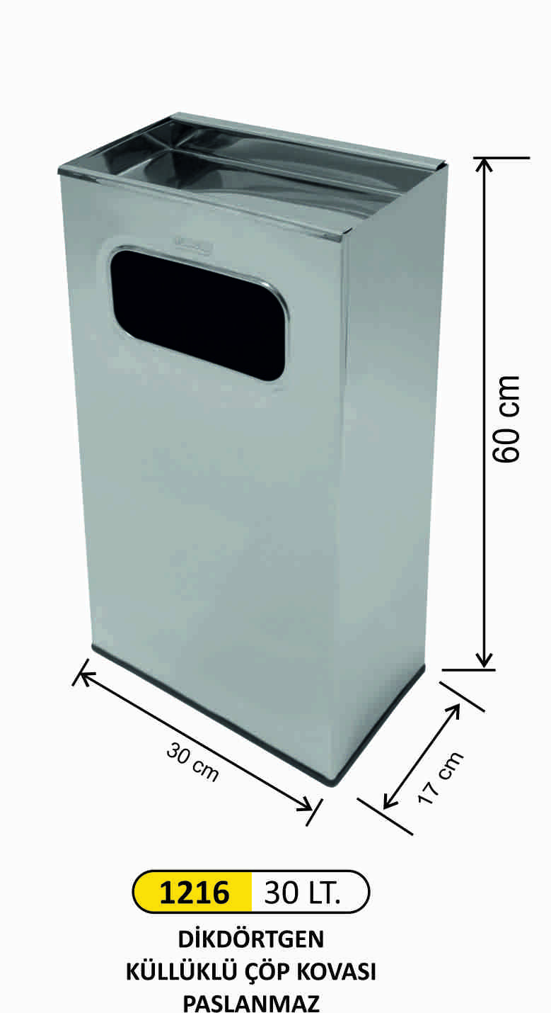 1216 Dikdörtgen Küllüklü Çöp Kovası Paslanmaz 30 Litre