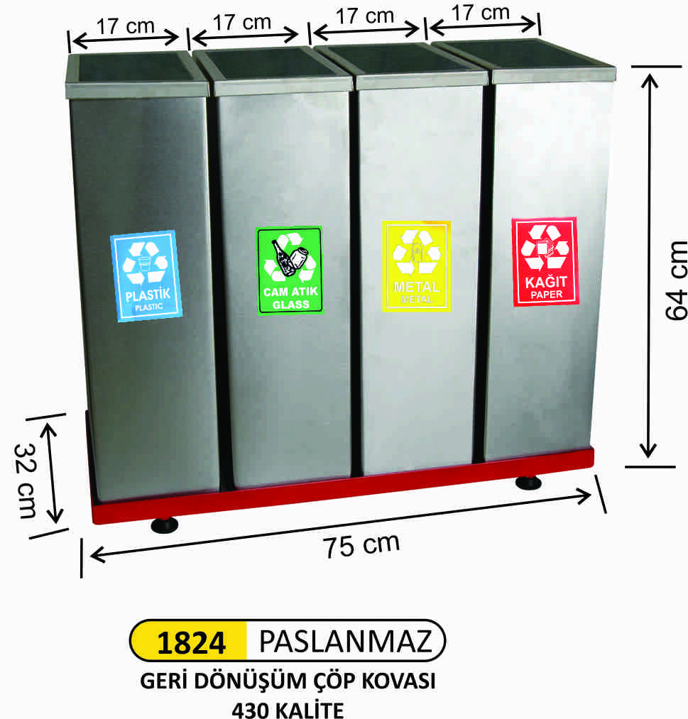 1824 Geri Dönüşüm Kovası 4’Lü Paslanmaz