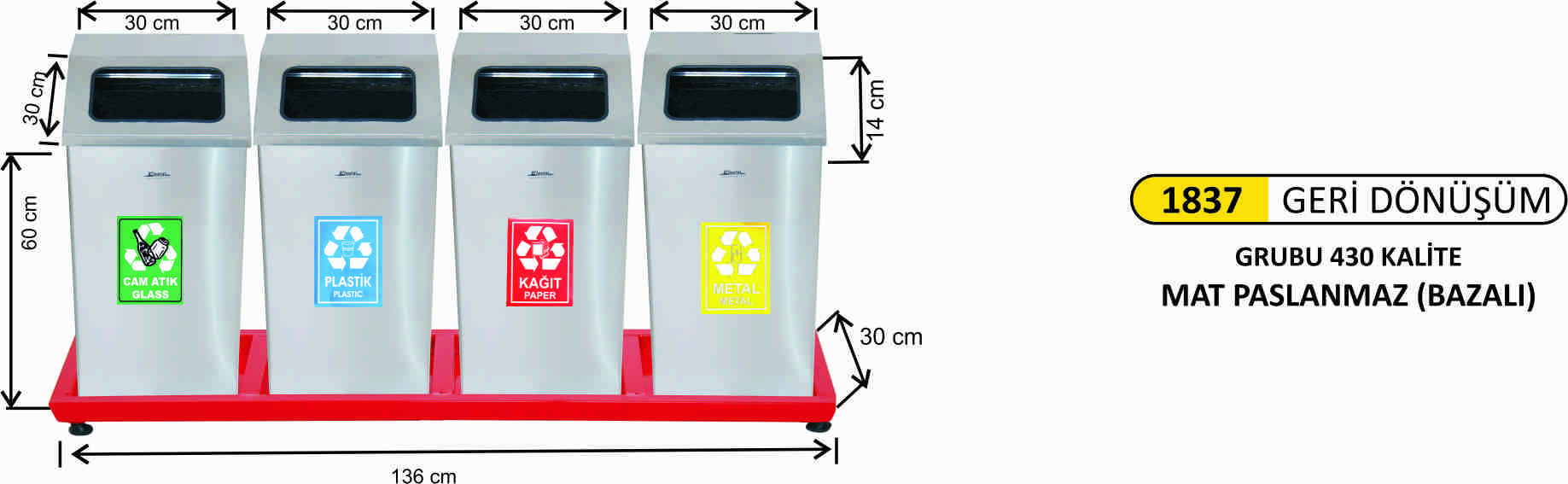 1837 Geri Dönüşüm Kovası 4’Lü Paslanmaz