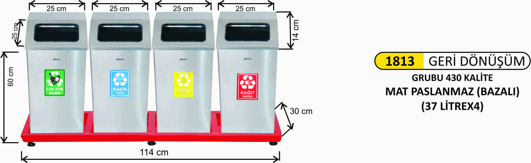 1813 Geri Dönüşüm Kovası 4’Lü Paslanmaz