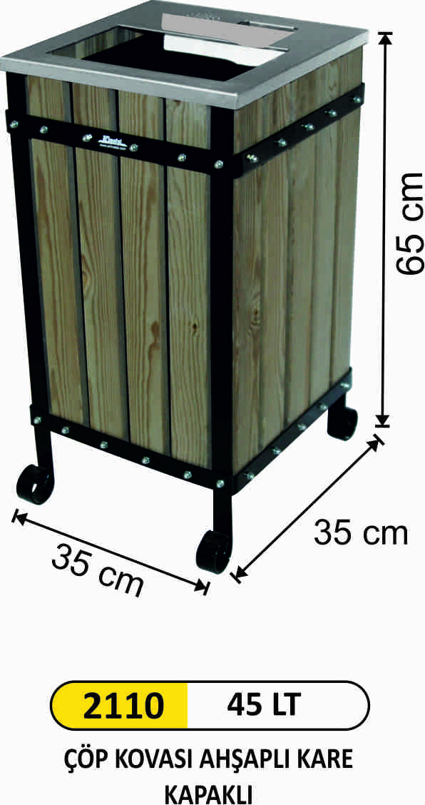 2110 Ahşap Çöp Kovası Paslanmaz Kapaklı