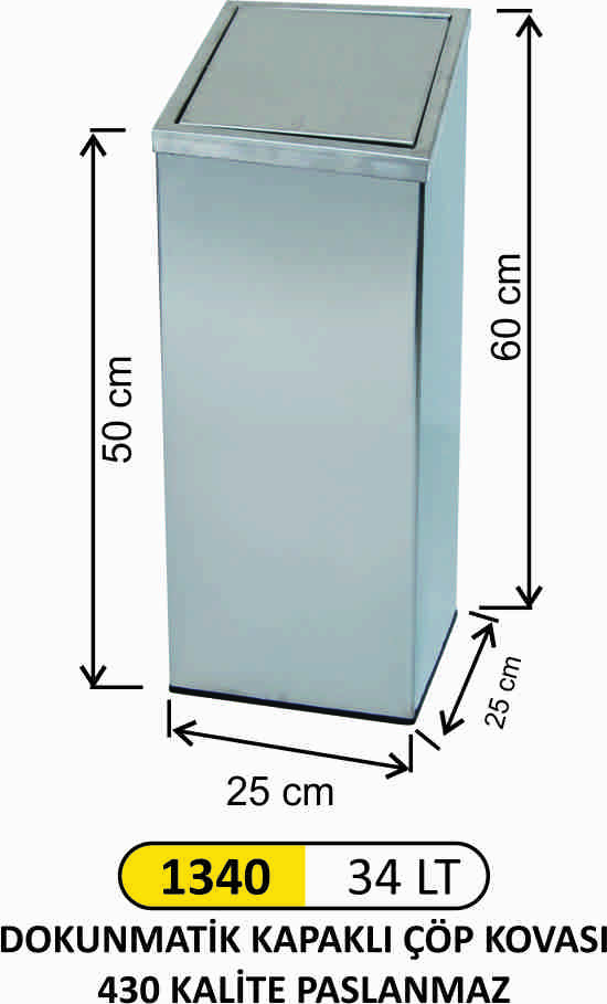 1340 Dokunmatik Kare Kapaklı Çöp Kovası Paslanmaz