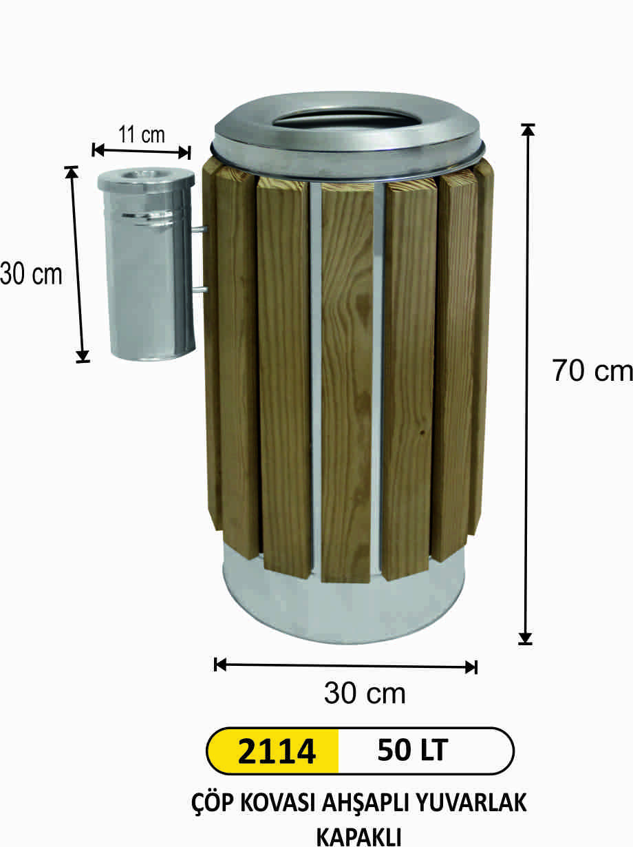 2114 50 Lt Çöp Kovası Ahşap Yuvarlak Kapaklı